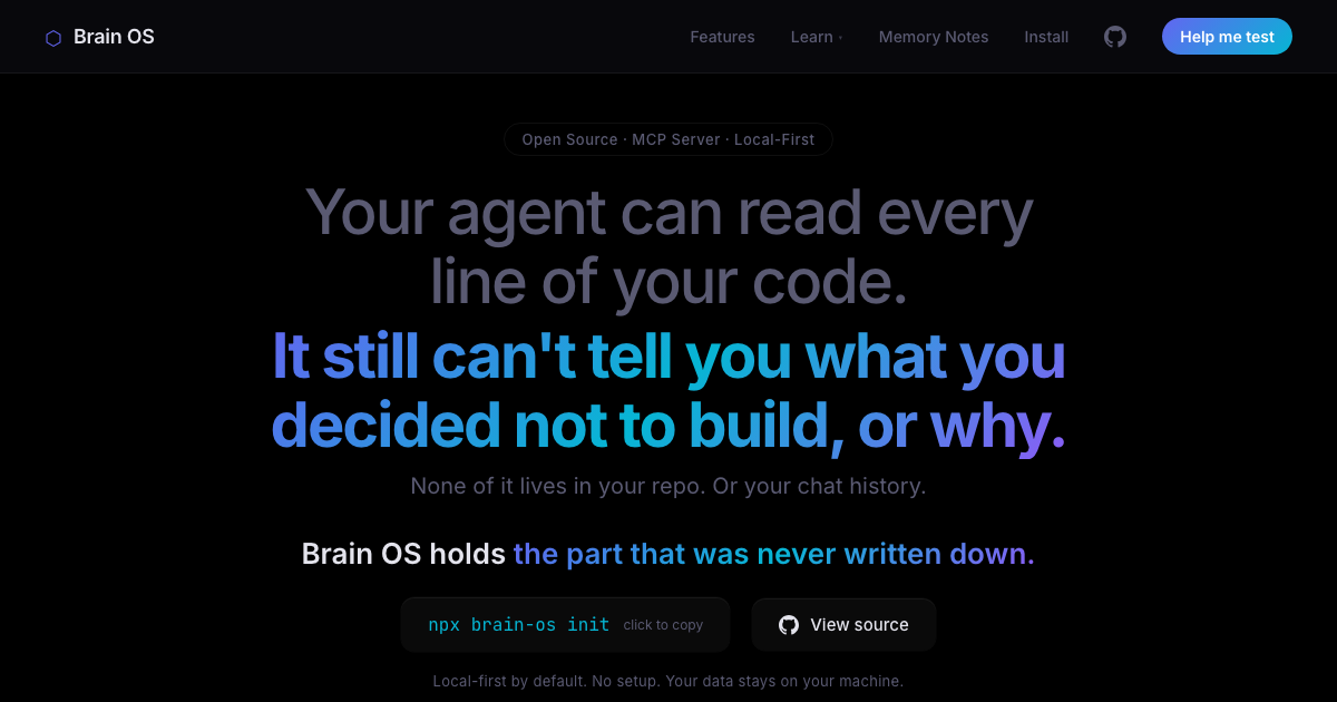 Brain OS live homepage: the hero, install command and gap-claim positioning