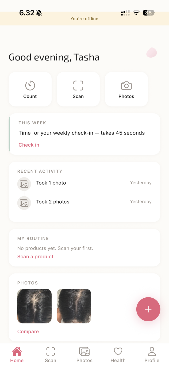 ruwth home: evidence dashboard with shed count, photos and the weekly check-in
